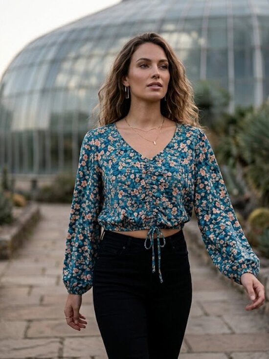 SO Tops - SO Teal Floral V-Neck Long Sleeve Drawstring Crop Top Blouse Size XL